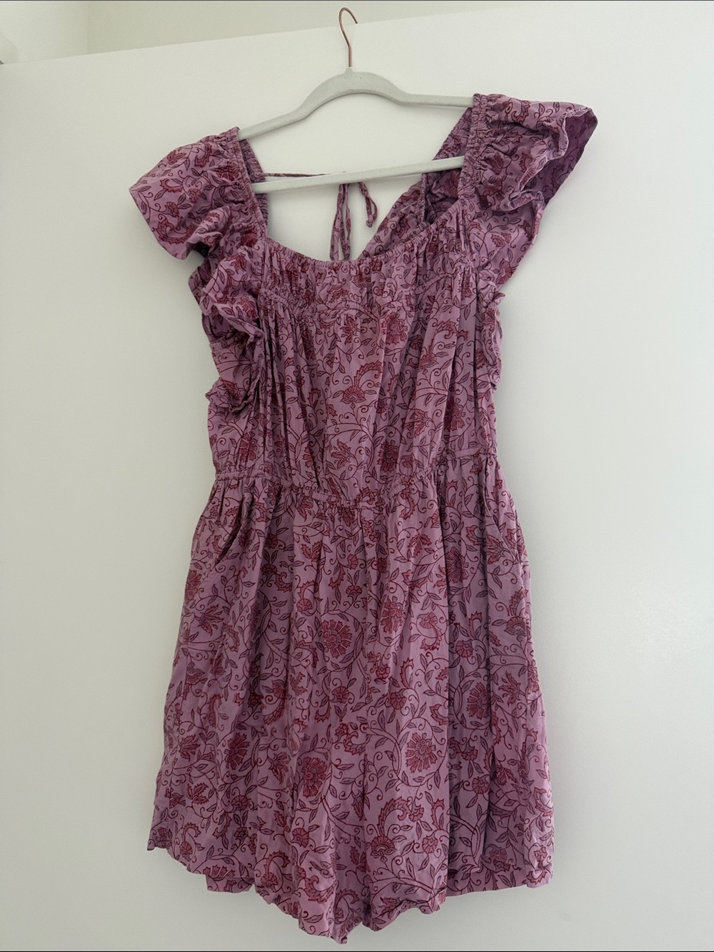 Lavender Floral Tie-Back Romper with Ruffle Sleeves